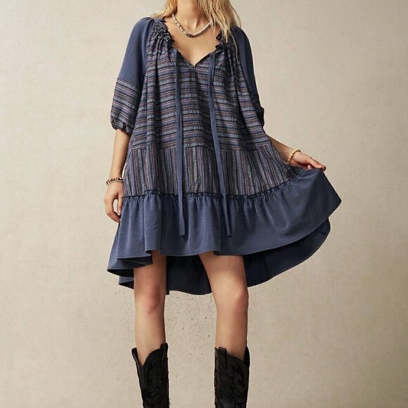 Multicolor Cute Women's Vacation Contrast Striped Ruffle Hem Tie Neck Dress - Picture 1 of 8